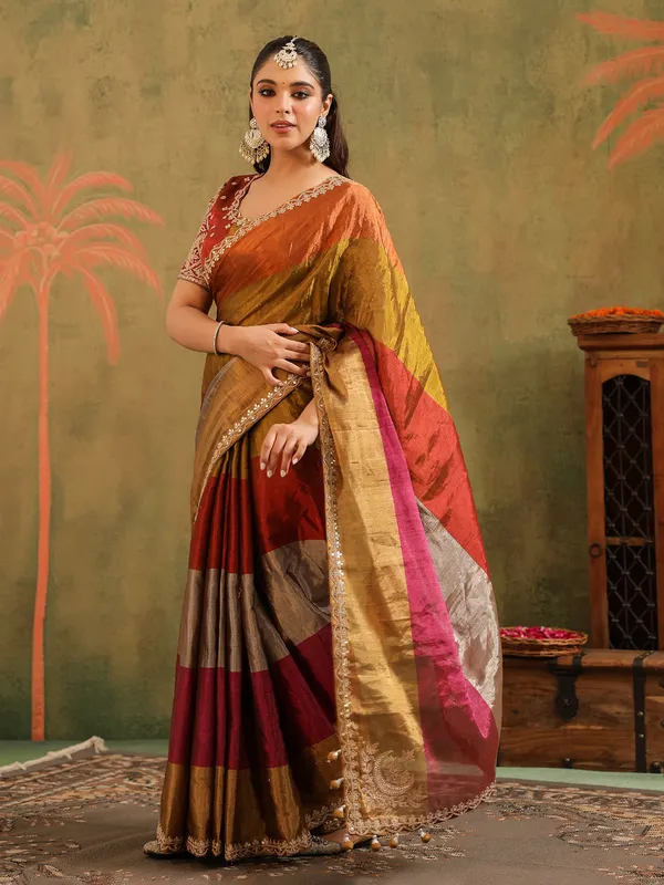 Multi color tissue silk saree with unstitched blouse