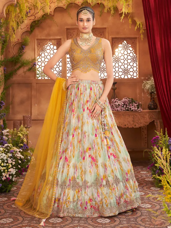 Multi color zari and stone silk lehenga choli