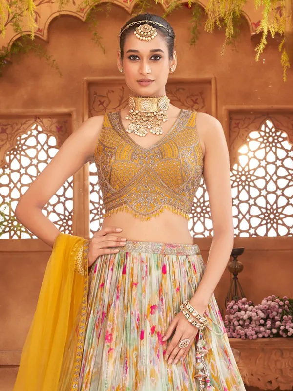 Multi color zari and stone silk lehenga choli