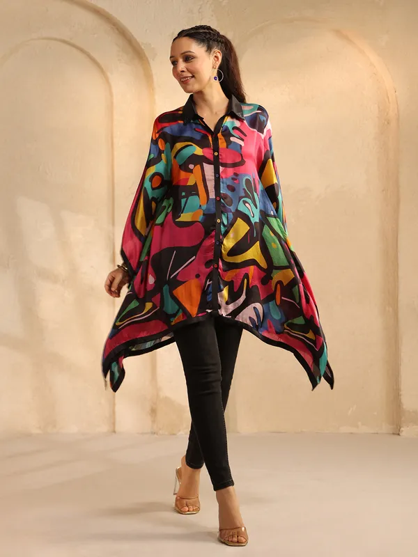 Multicolor crepe silk top with swarowski detailing