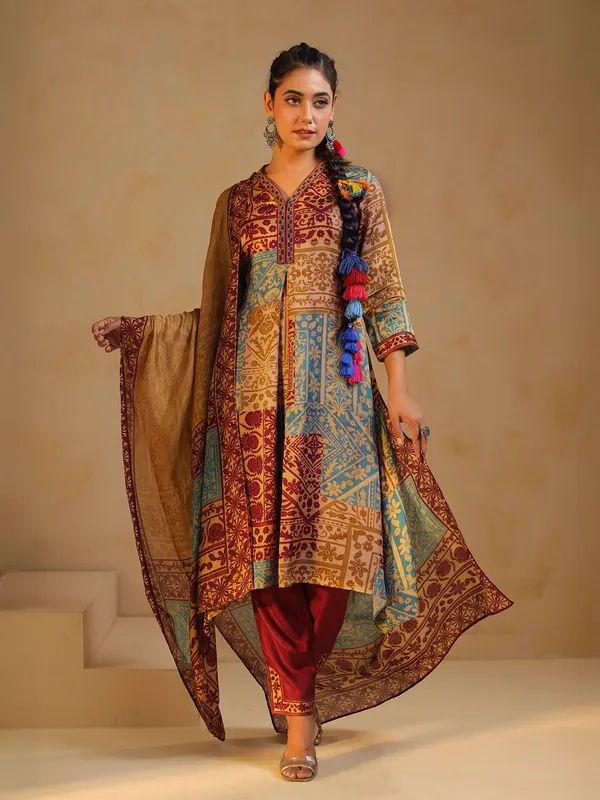 Multicolor festive wear silk salwar suit with print