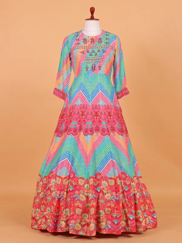 Multicolor floor length anarkali in cotton silk