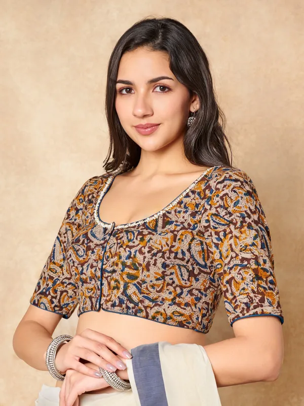Multicolor kalamkari cotton round neck ready made blouse