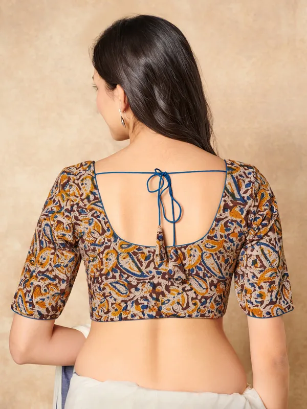 Multicolor kalamkari cotton round neck ready made blouse