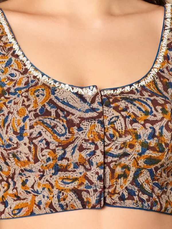 Multicolor kalamkari cotton round neck ready made blouse