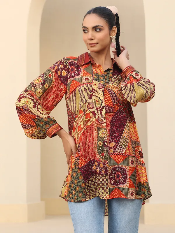 Multicolor linen silk top with print