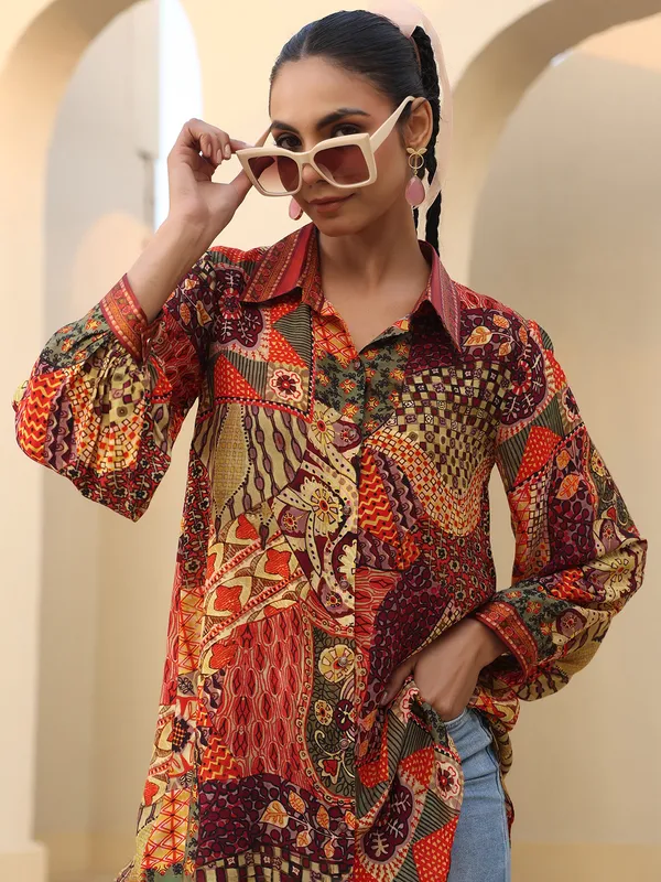 Multicolor linen silk top with print