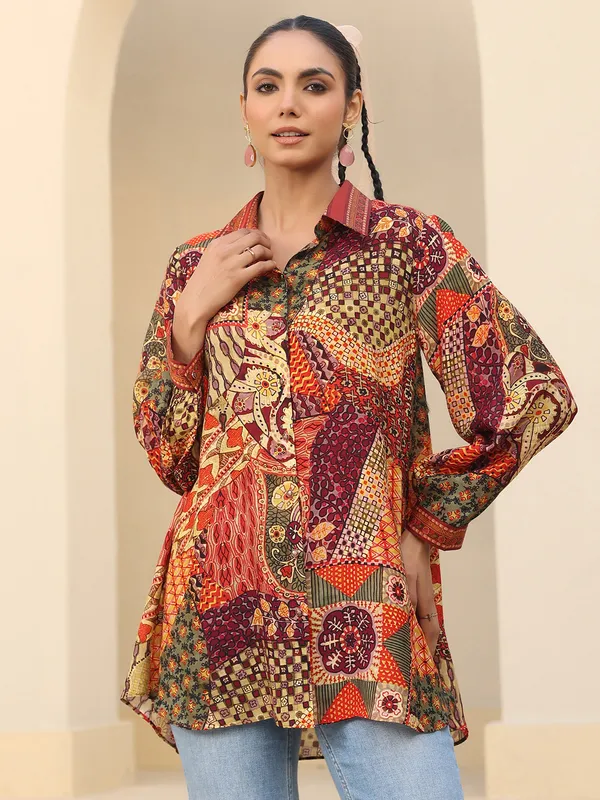 Multicolor linen silk top with print