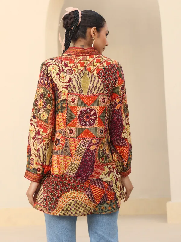 Multicolor linen silk top with print