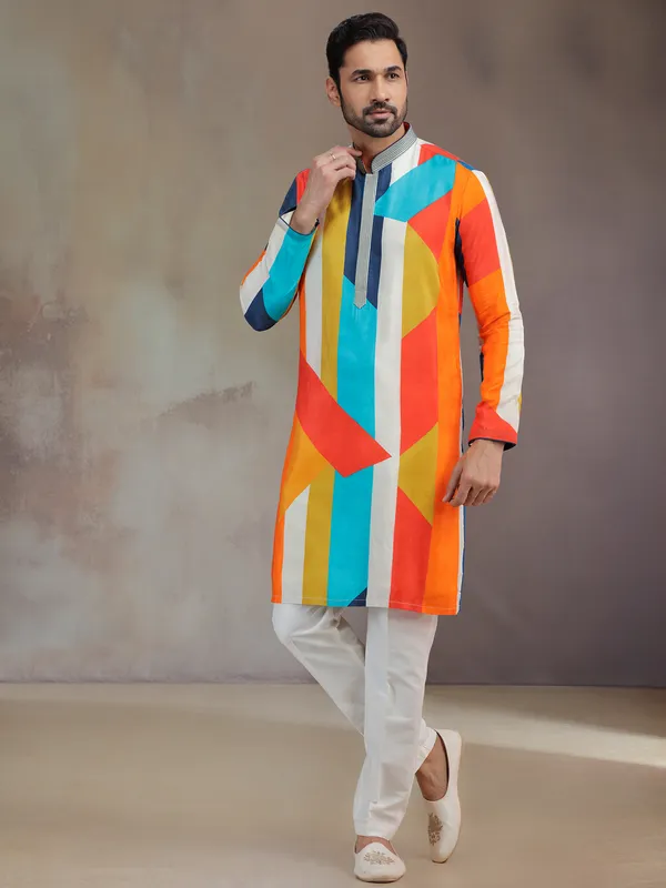 Multicolor men printed kurta pajama