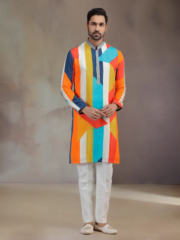 Multicolor men printed kurta pajama