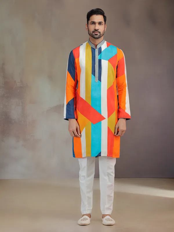 Multicolor men printed kurta pajama