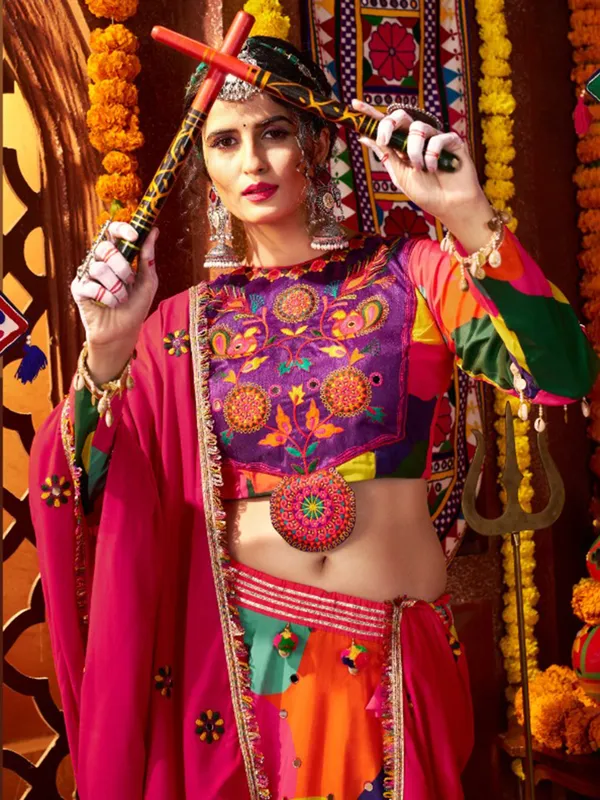 Multicolor navratri wear lehenga choli in muslin silk