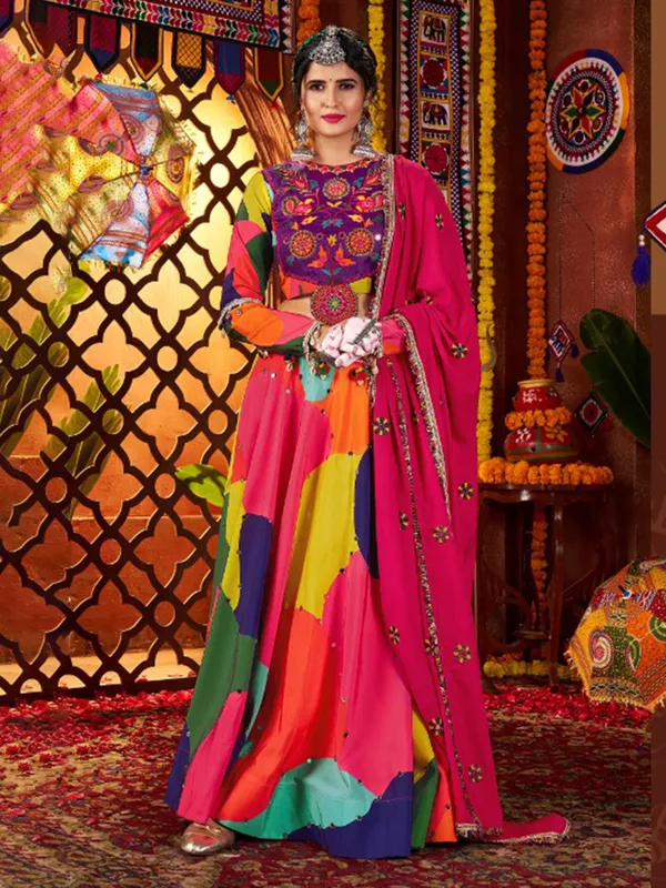 Multicolor navratri wear lehenga choli in muslin silk