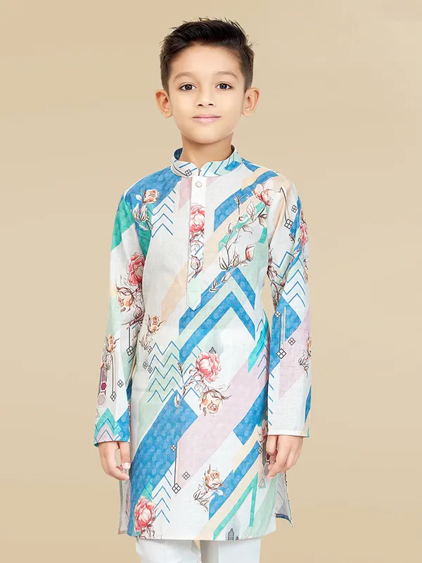 Multicolor printed cotton silk kurta set for boys