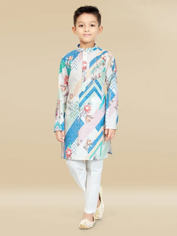 Multicolor printed cotton silk kurta set for boys