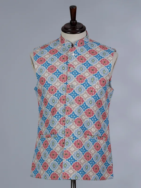 Multicolor printed cotton silk waistcoat with thread and sequins work