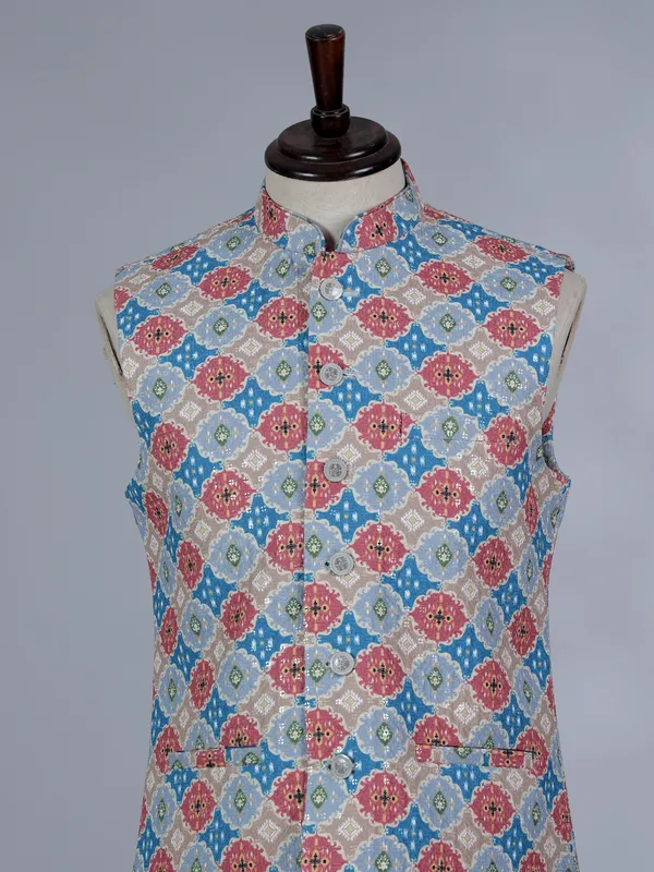 Multicolor printed cotton silk waistcoat with thread and sequins work