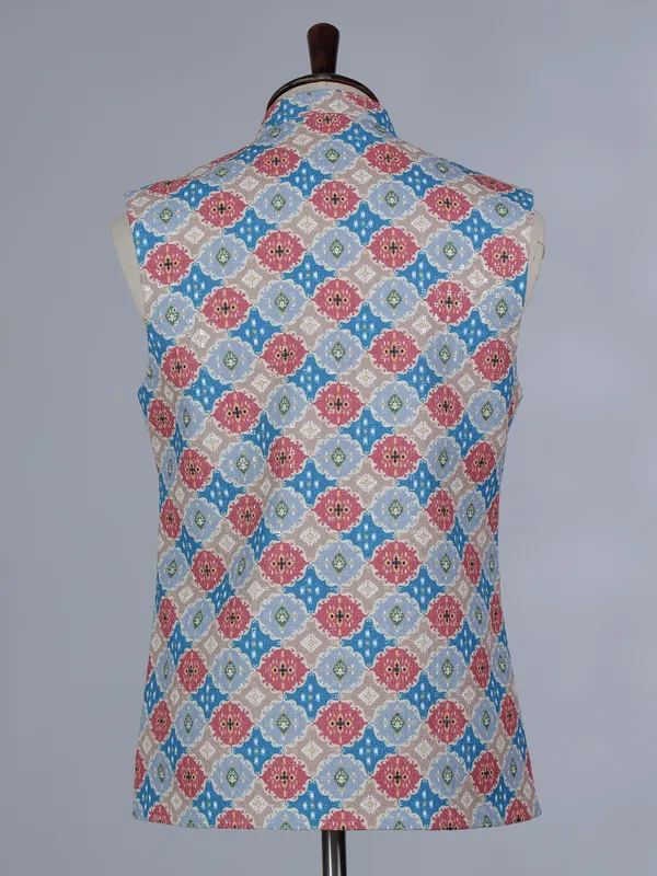 Multicolor printed cotton silk waistcoat with thread and sequins work