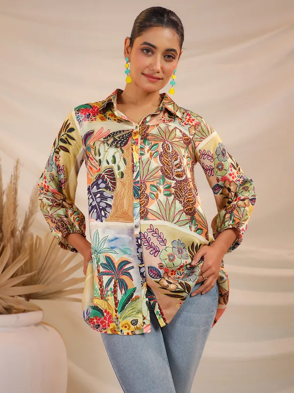 Multicolor printed satin silk top