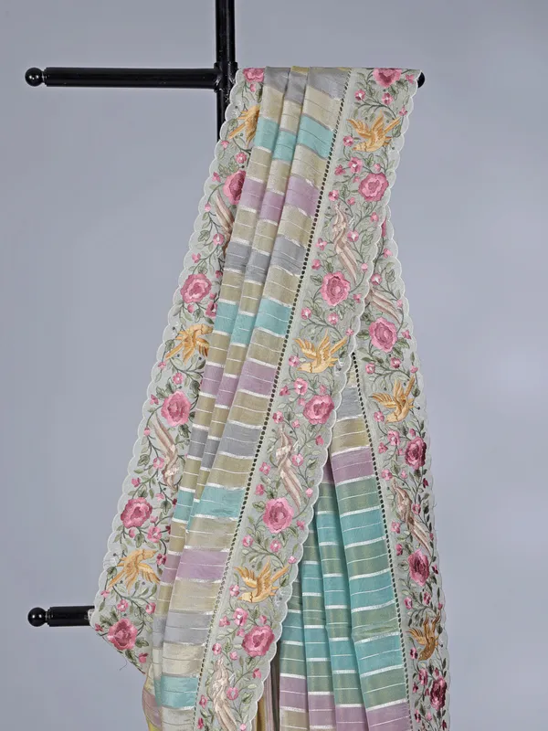 Multicolor printed shimmer dola silk saree with zari highlights