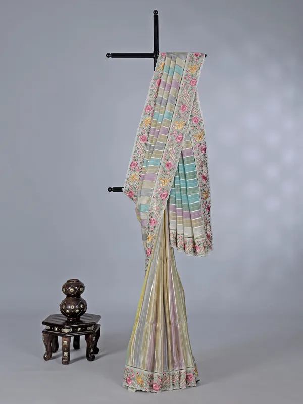 Multicolor printed shimmer dola silk saree with zari highlights