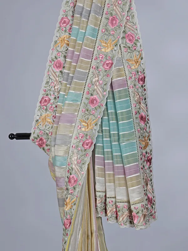 Multicolor printed shimmer dola silk saree with zari highlights