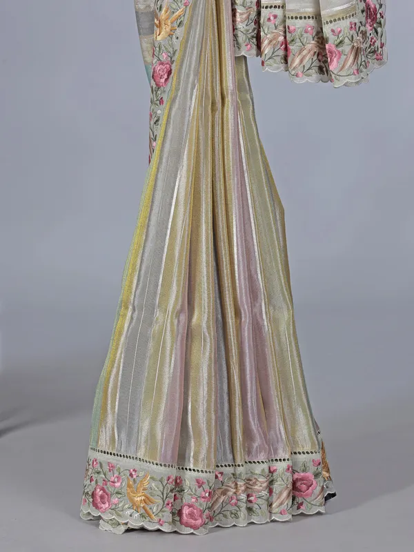 Multicolor printed shimmer dola silk saree with zari highlights