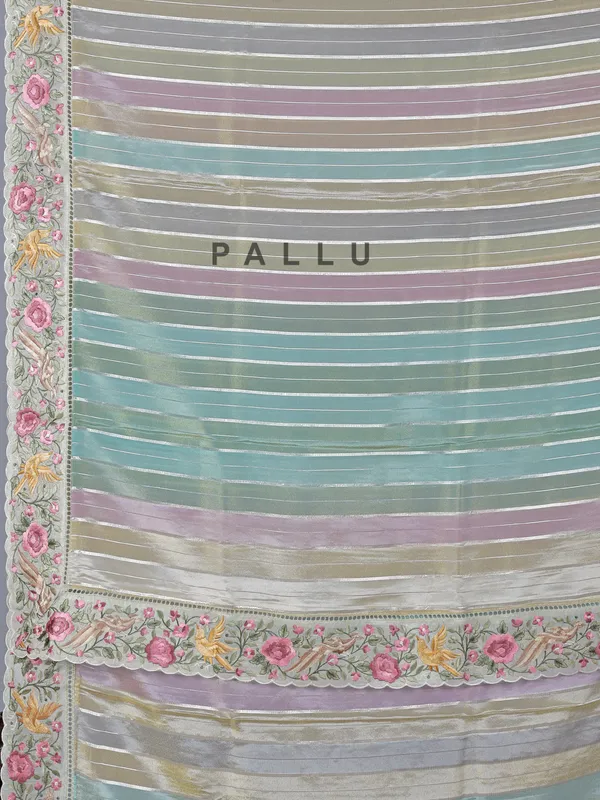 Multicolor printed shimmer dola silk saree with zari highlights