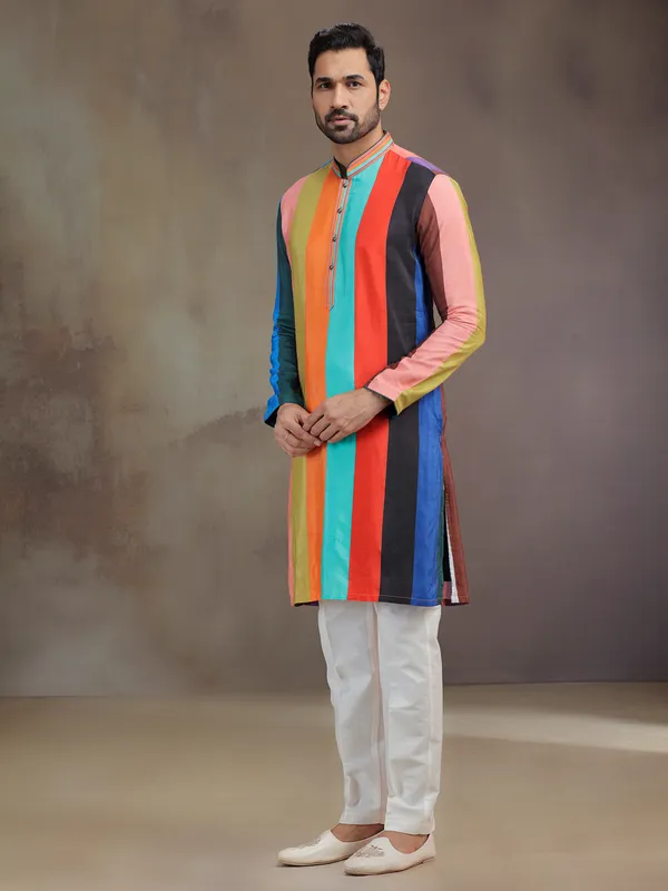 Multicolor printed silk kurta pajama for men