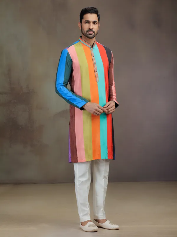 Multicolor printed silk kurta pajama for men