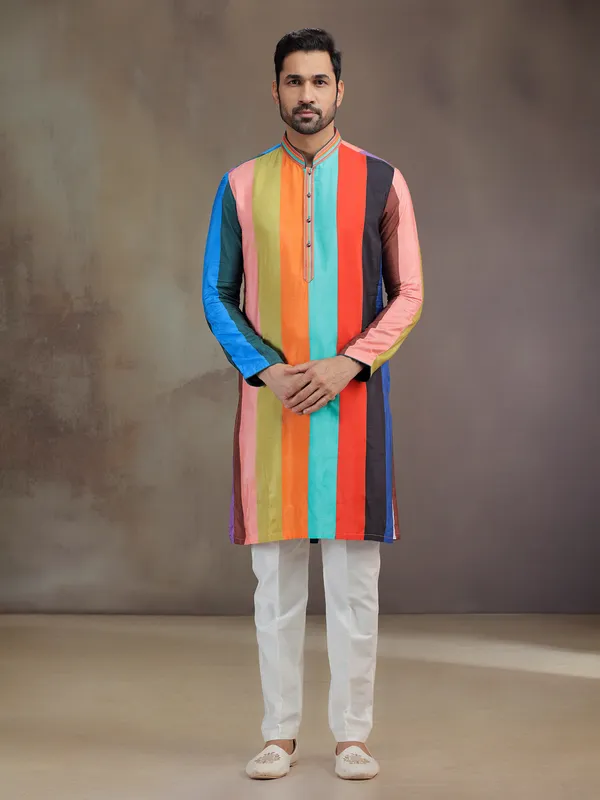Multicolor printed silk kurta pajama for men