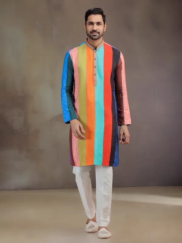 Multicolor printed silk kurta pajama for men