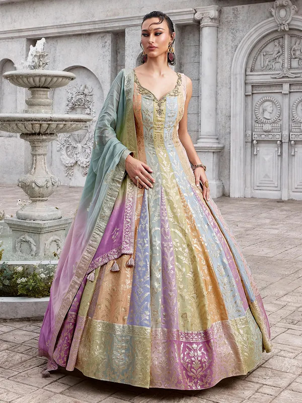 Multicolor silk anarkali suit with zardosi and cutdana glow