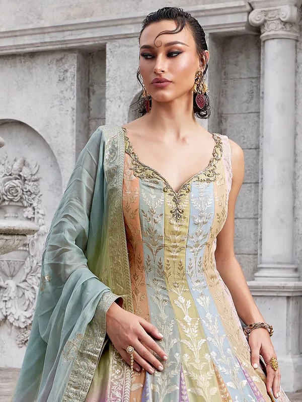Multicolor silk anarkali suit with zardosi and cutdana glow