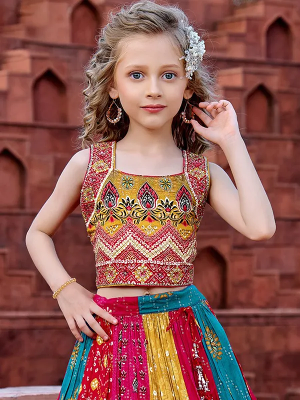 Multicolor silk bandhej printed lehenga choli for navratri