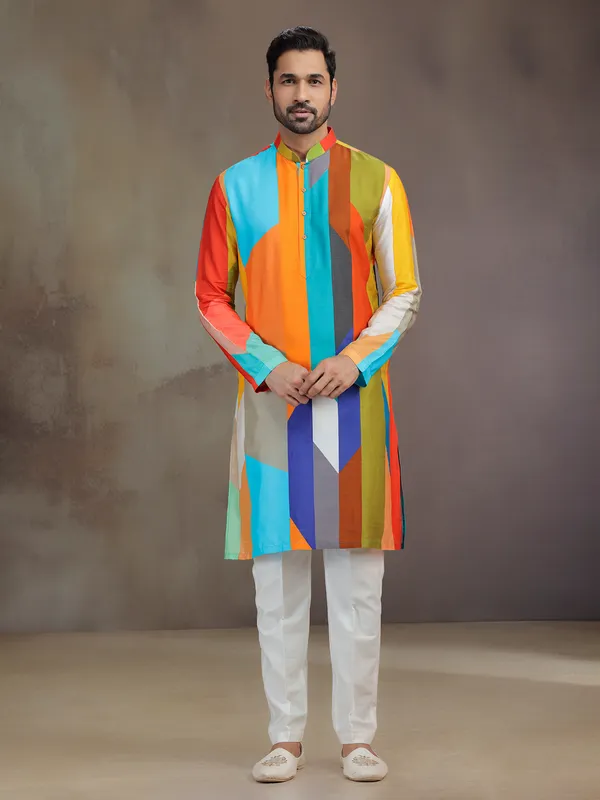 Multicolor silk kurta pajam for festive celebration