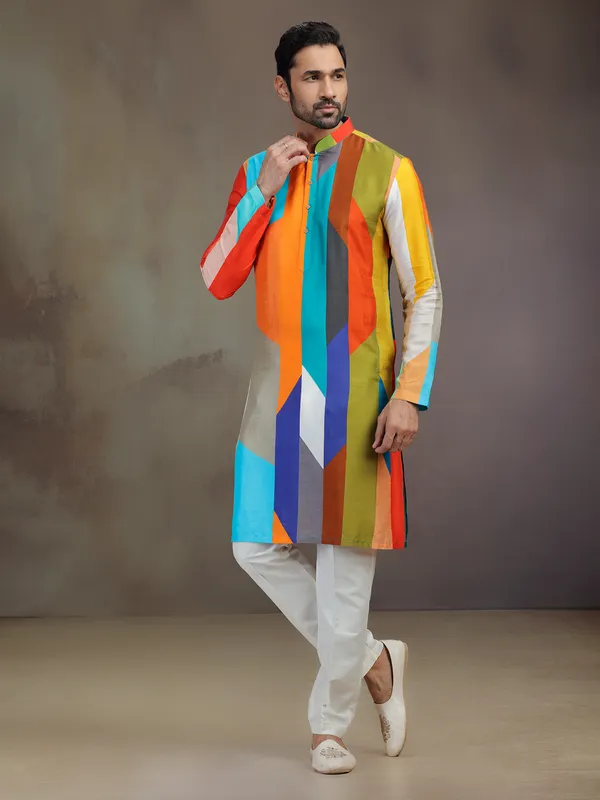 Multicolor silk kurta pajam for festive celebration
