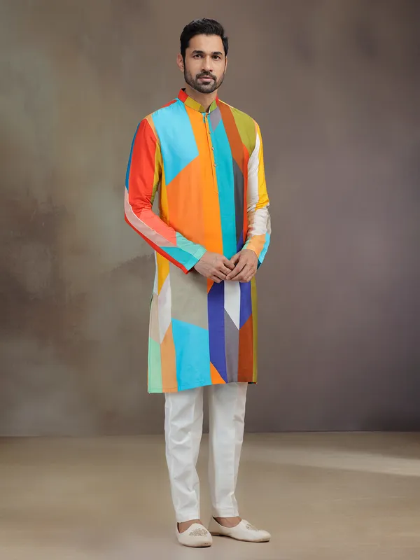 Multicolor silk kurta pajam for festive celebration