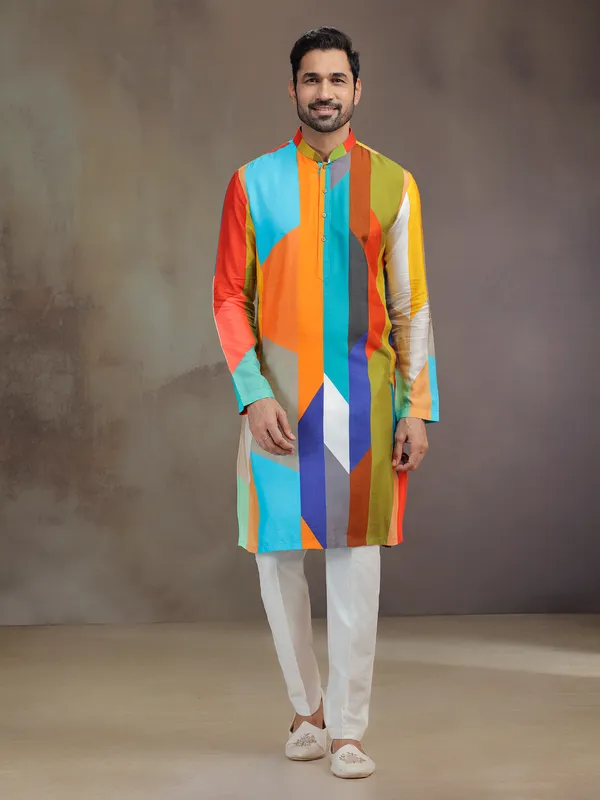 Multicolor silk kurta pajam for festive celebration