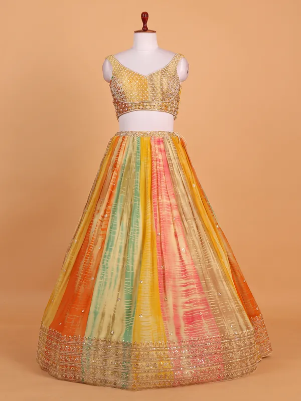 Multicolor silk lehenga choli with print