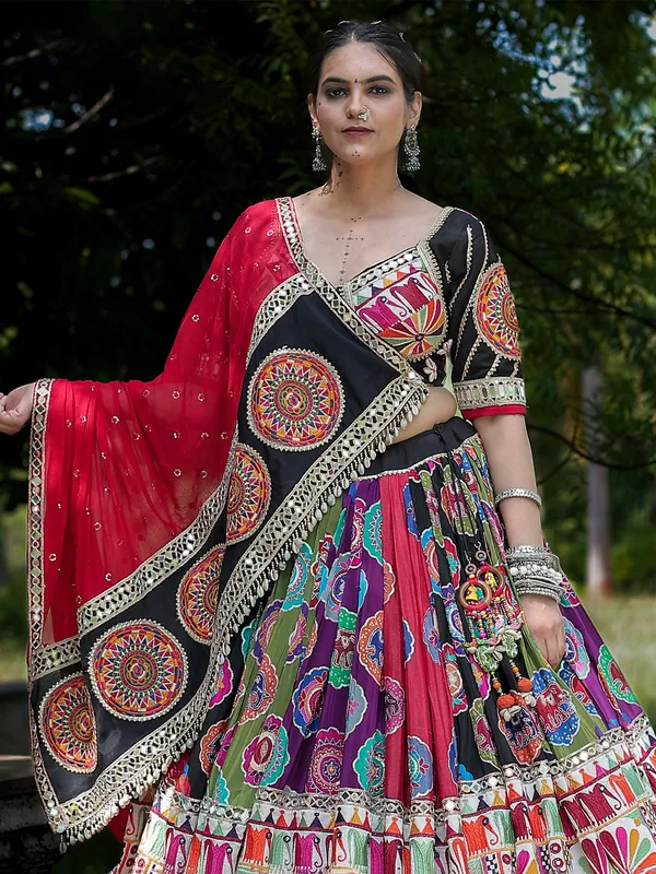 Multicolor silk navratri lehenga choli with print