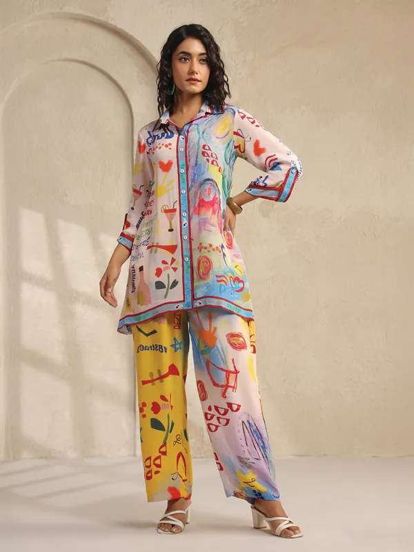 Multicolor silk printed co ord set for women