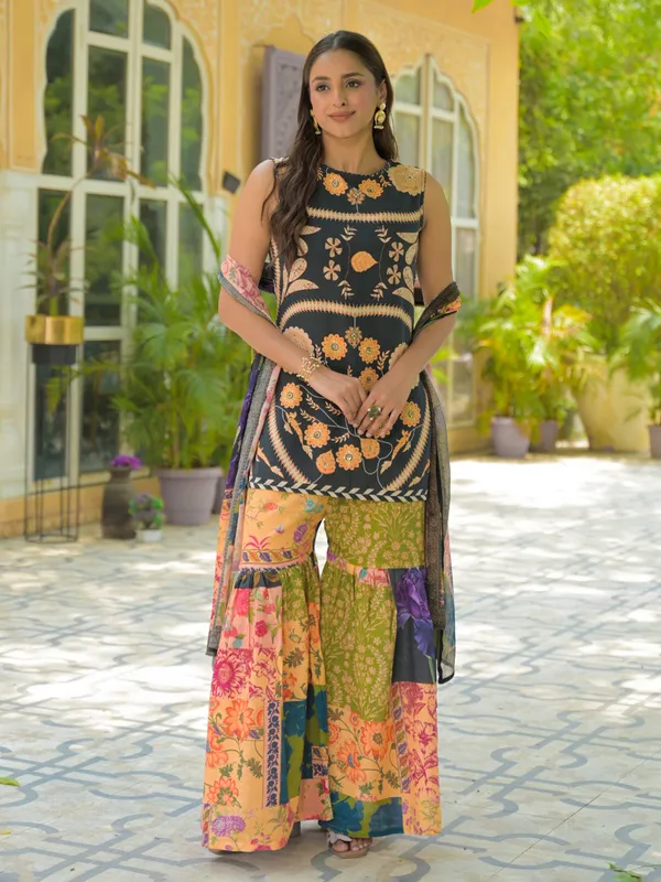 Multicolor silk printed festive sharara set