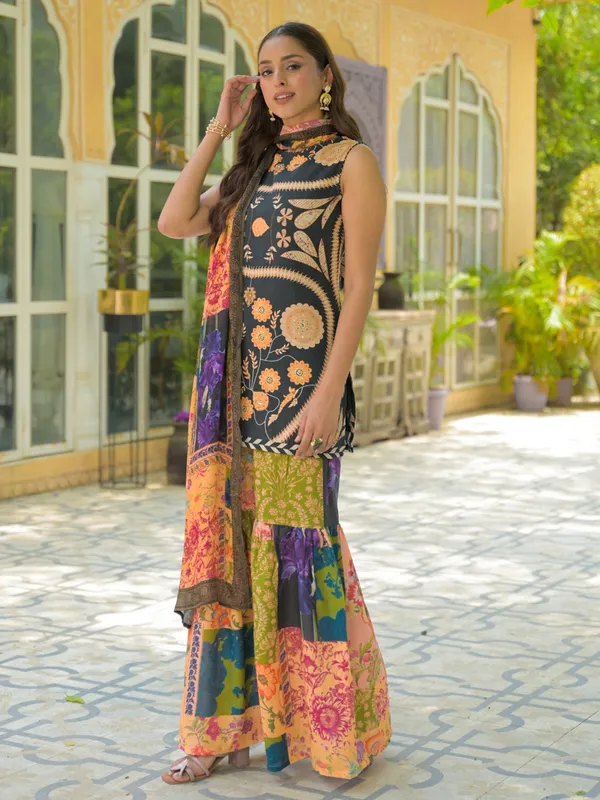 Multicolor silk printed festive sharara set