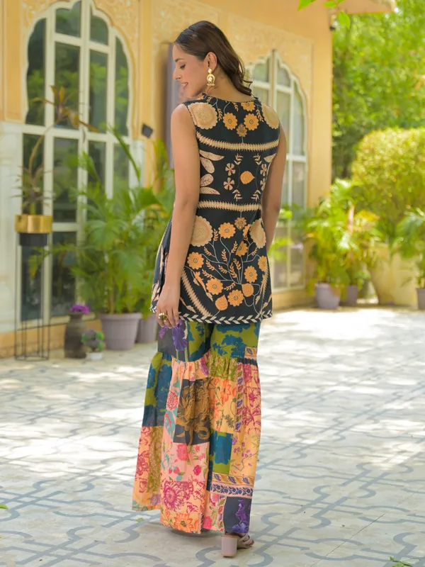 Multicolor silk printed festive sharara set