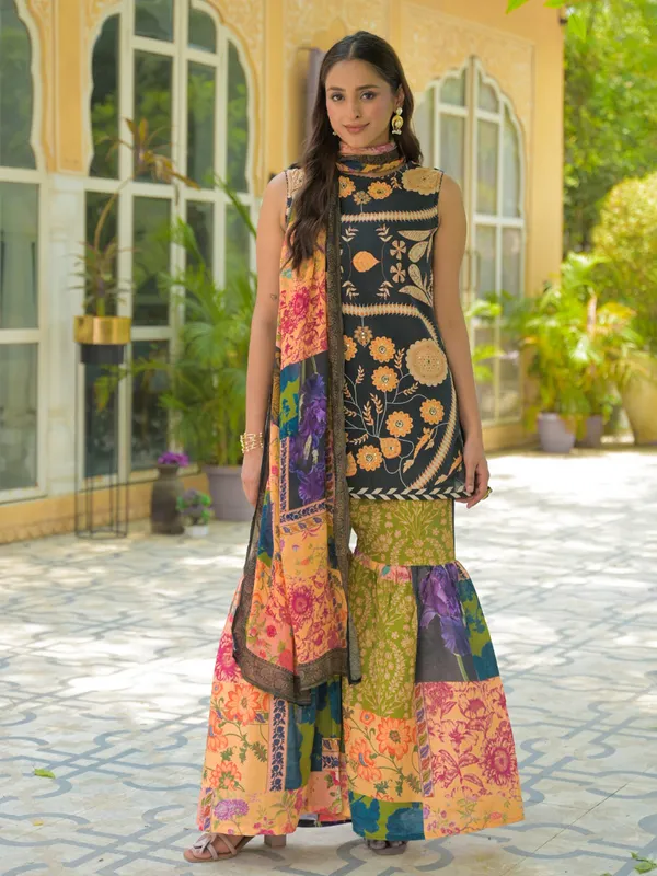Multicolor silk printed festive sharara set
