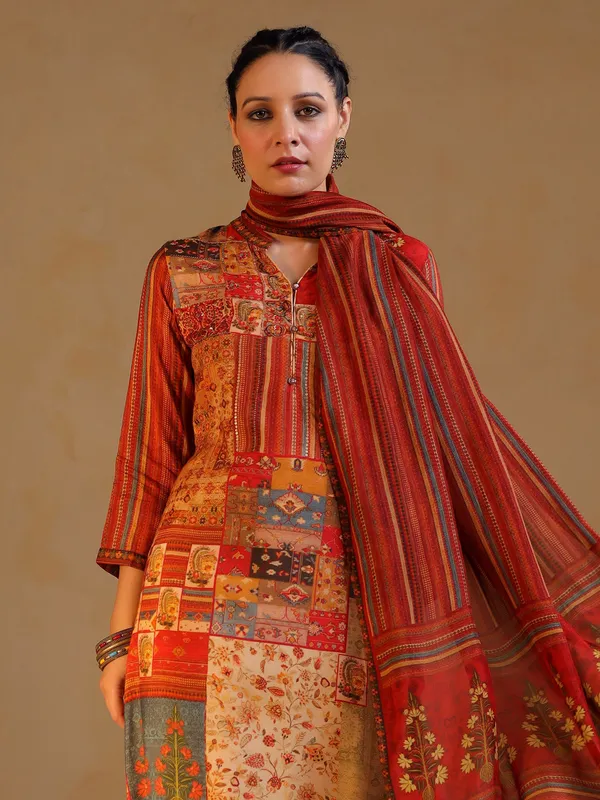 Multicolor silk printed salwar suit for women