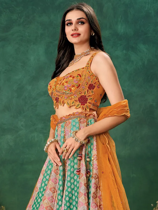 Multicolor wedding wear lehenga choli in soft raw silk