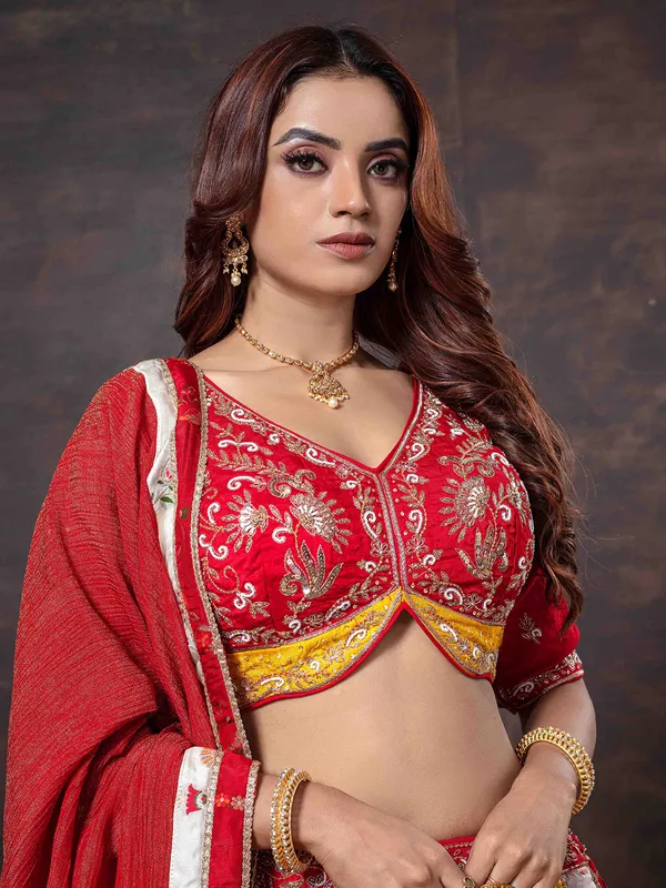 Multicolor zardosi work tissue silk wedding lehenga choli